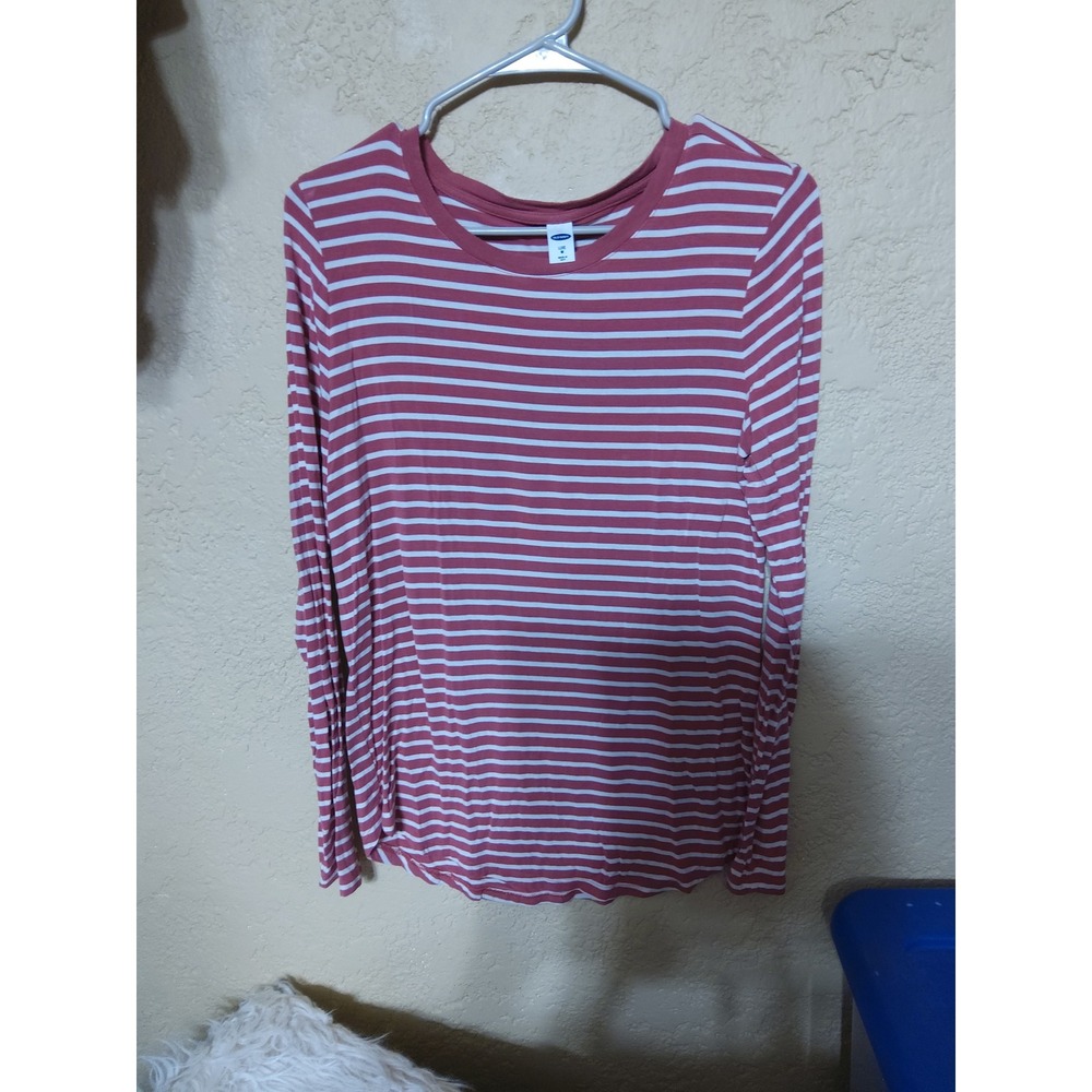 Old Navy Luxe Long Sleeve Striped Tee Mauve Pink White Crew Neck Top Medium